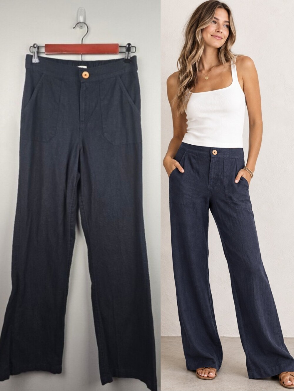 Roxy Linen Blend High Waist Pants Flare Leg Black Women Sz M Coastal Breezy Chic